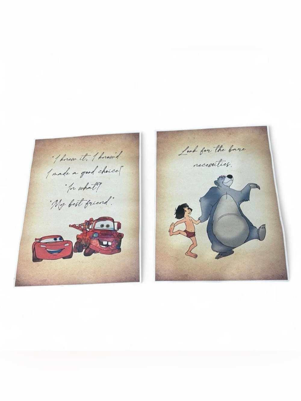 Vintage Disney Pixar Art Prints Set Mowgli Baloo Cars Mater Wall Art Quotes